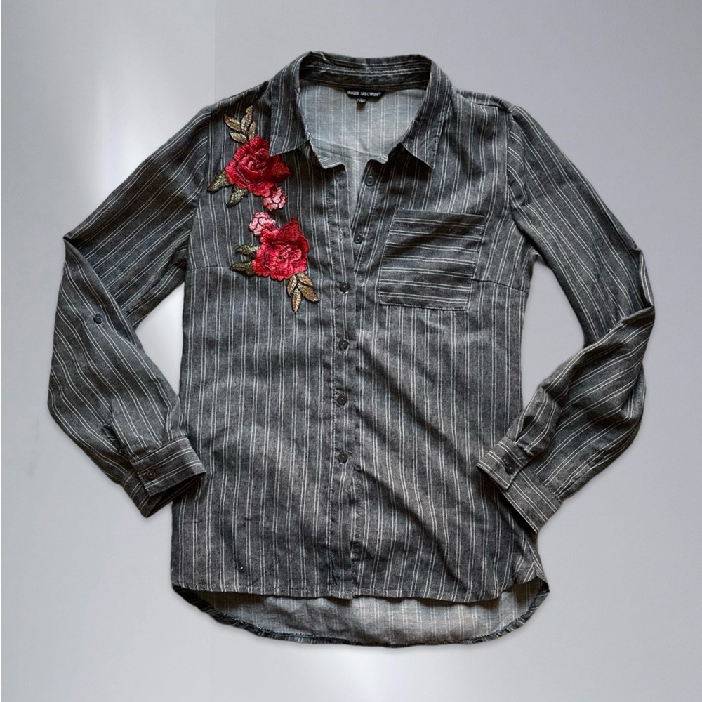Striped Button-Up Shirt with Floral Embroidery
